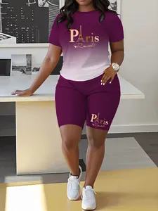 Women's Summer Casual Two-Piece Set, Letter Print Gradient Color Short Sleeve Top and Shorts, Slim-Fitting Regular Length Suit, Womenswear, Matching Set Outfit