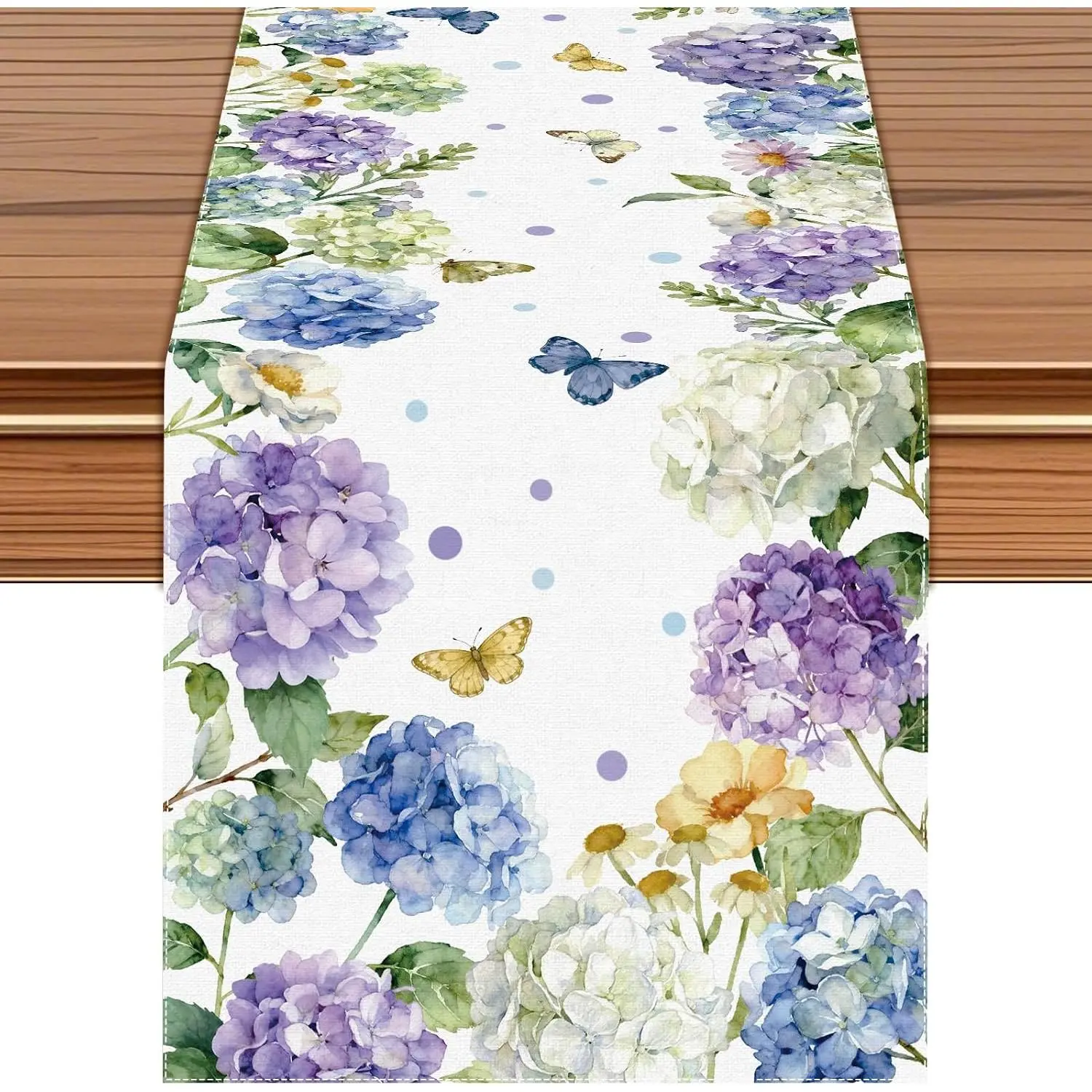 Watercolor Hydrangea Table Runner,  Blue White, 72x13 Inch | Spring Floral Design, With Butterflies