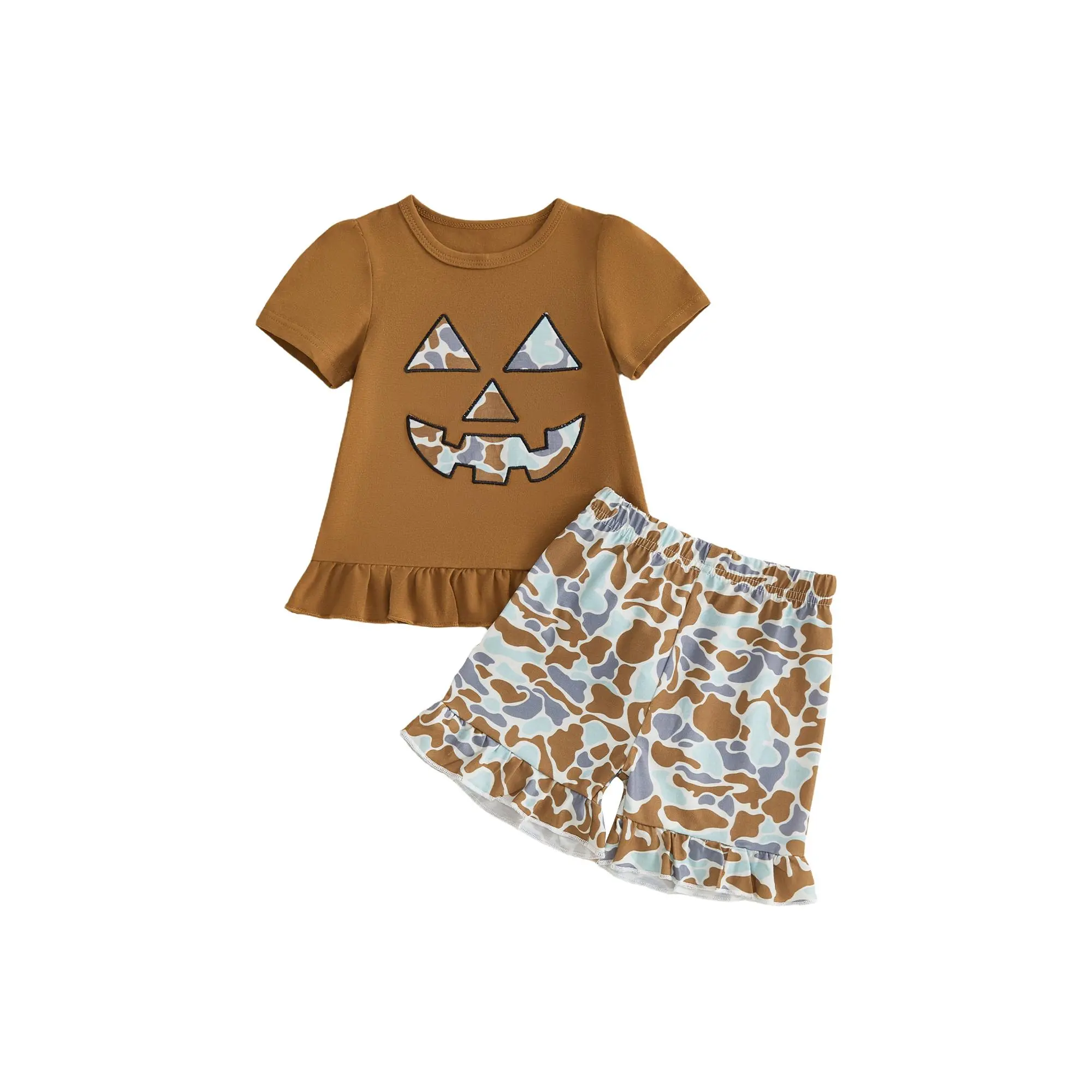 SHINGPP Infant Toddler Baby Girl Halloween Outfit Camo Pumpkin Applique Short Sleeve Ruffle Top Camouflage Ruffle Shorts 2 Pcs Clothes Set`