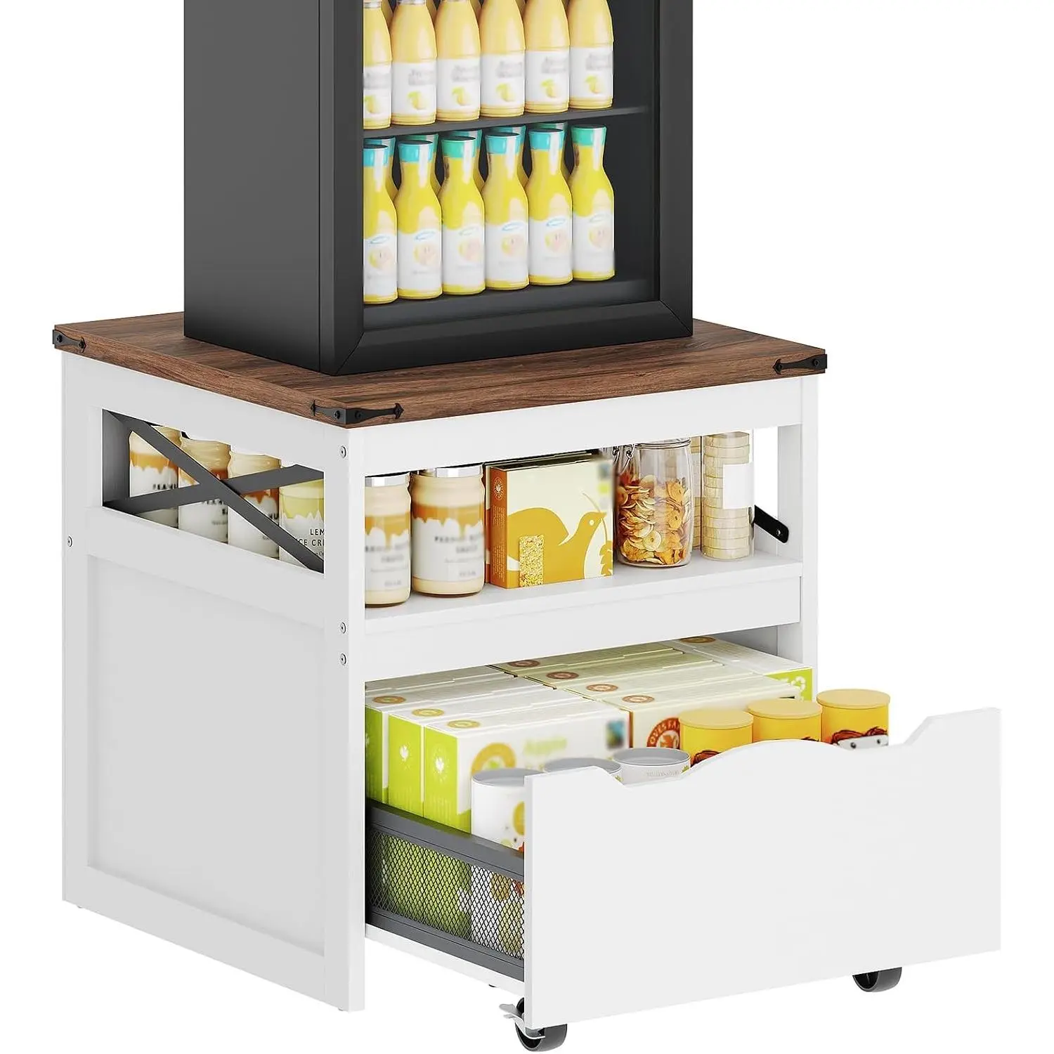 Mini Fridge Stand with Storage, Refrigerator Stand with Mobile Drawer, Mini Fridge Cabinet for Heavy Microwave Stand, Mini Fridge Cart for Dorm, Bedroom, Kitchen,White and Walnut HB50WH