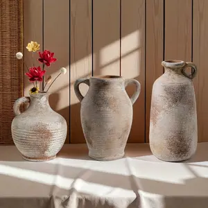 Vintage French Country Farmhouse Ceramic Vase with Handle, Decorative Flower Holder, Home Decoration Indoor Ornament