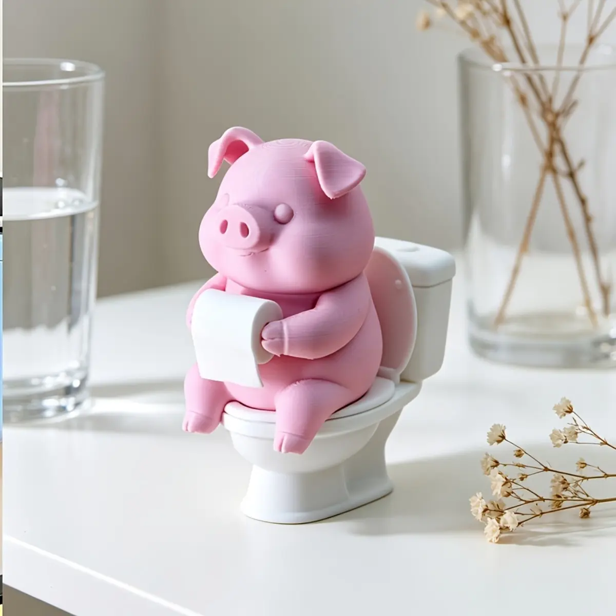 2PCS Cute Pink Pig Toilet Figurines, Resin Decorative Ornaments with Adhesive Hook Base, Funny Piggy Decor for Bathroom, Car, Vanity and Desktop, Creative Gift for Christmas, Easter and Year Round Home Decoration