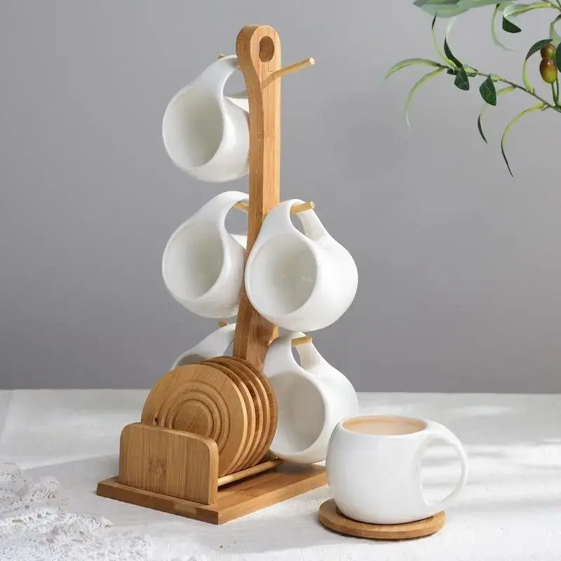 Ceramic Coffee Cup Set with Wooden Stand, 1 Set Including 6 Counts Coffee Cups & 1 Count Wooden Stand & 6 Counts Saucer, Drinkware for Home Office, Coffee Shop Cups, Coffee Mugs Set