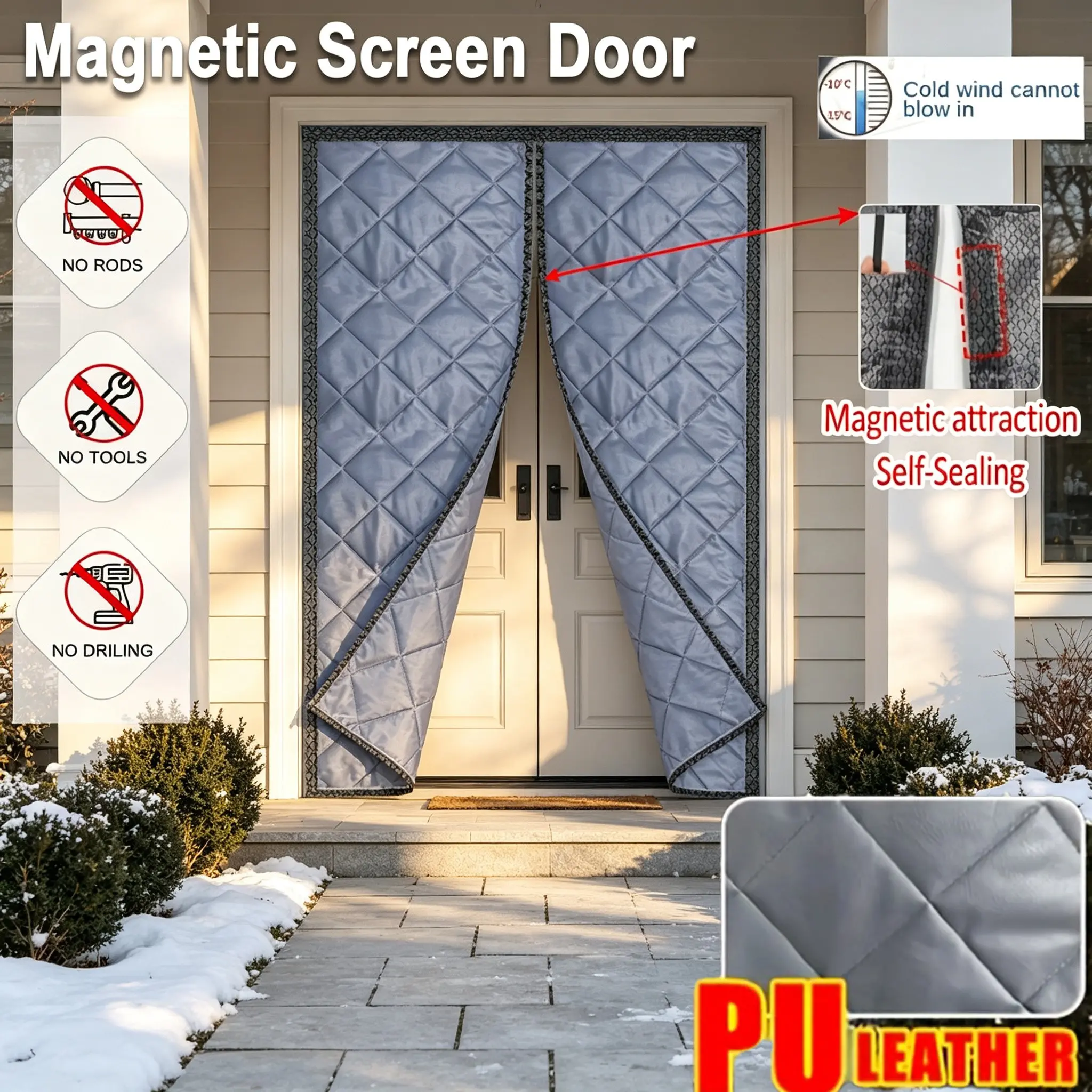 Magnetic Thermal Insulated Door Curtain, PU Leather Windproof Cold Blocking, Self Sealing Magnet, Winter Thermal Door Blanket for Front Door, Easy Installation