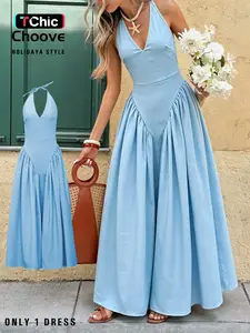 Women's Holiday Summer Halter Tie Dress, Flowy Skirt Design, Lightweight Fabric, Sleeveless Long Dress, Fitted Style, Plain Surface