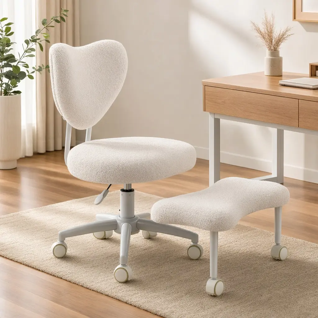 Ergonomic Kneeling Chair with Lumbar Support, Height-Adjustable Seat, Cross-Legged Meditation Use, Beige Teddy Fabric, Metal-Wood Frame, 360° Swivel Wheels for Office Work & Study