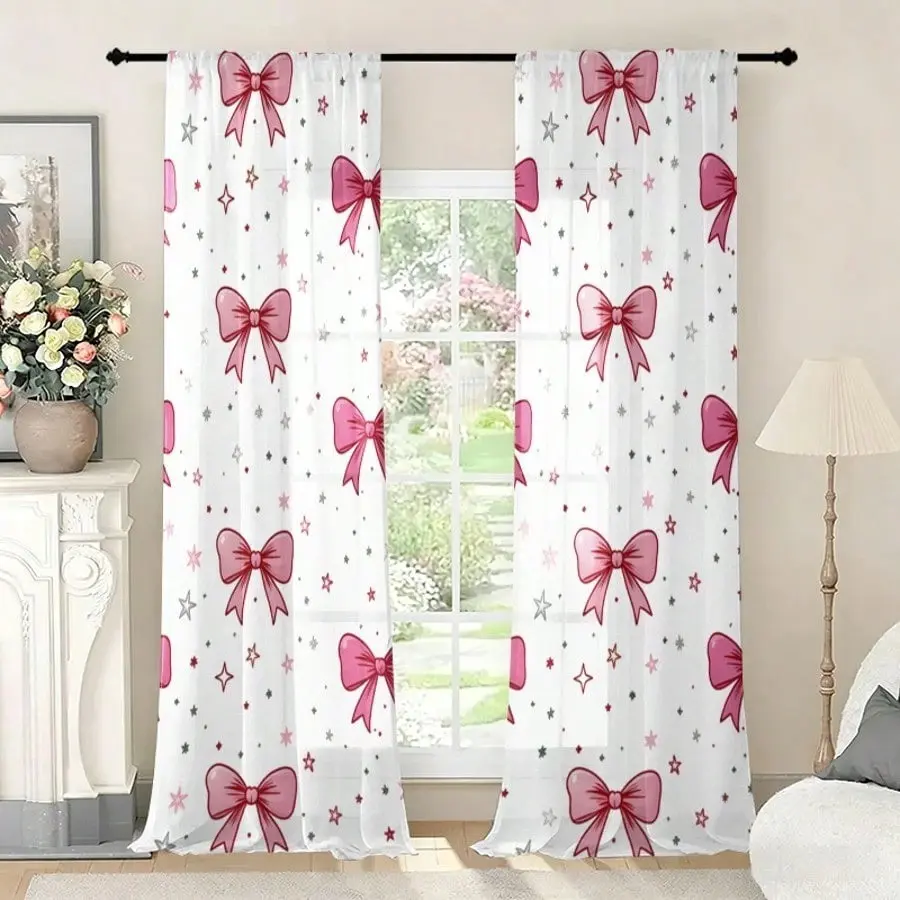 2 pieces of pink bow-shaped star-patterned Window Curtains, Ready Made Curtains, suitable for bedroom, living room and other home decorations. They are durable, easy to clean and maintain.