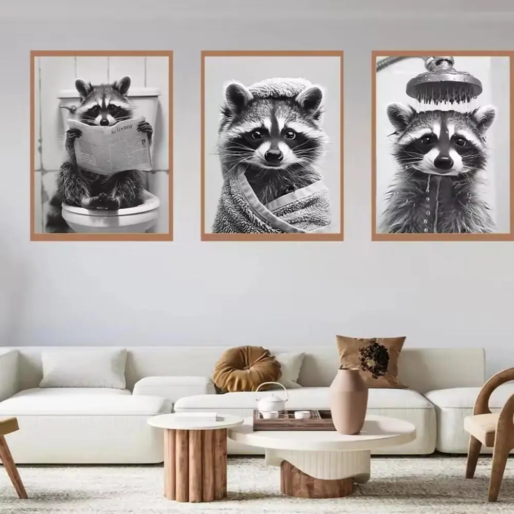 3 Pieces Cute Toilet Raccoon Funny Animal Bathroom Art, B&W Wall Mural, Wacky Humorous Home Art, Witty Gallery Decor, Monochrome Painting, Art Canvas Prints, Funny Print Design, Wall Decor for Restroom, Bathroom and Kids Room, Framed or Unframed.