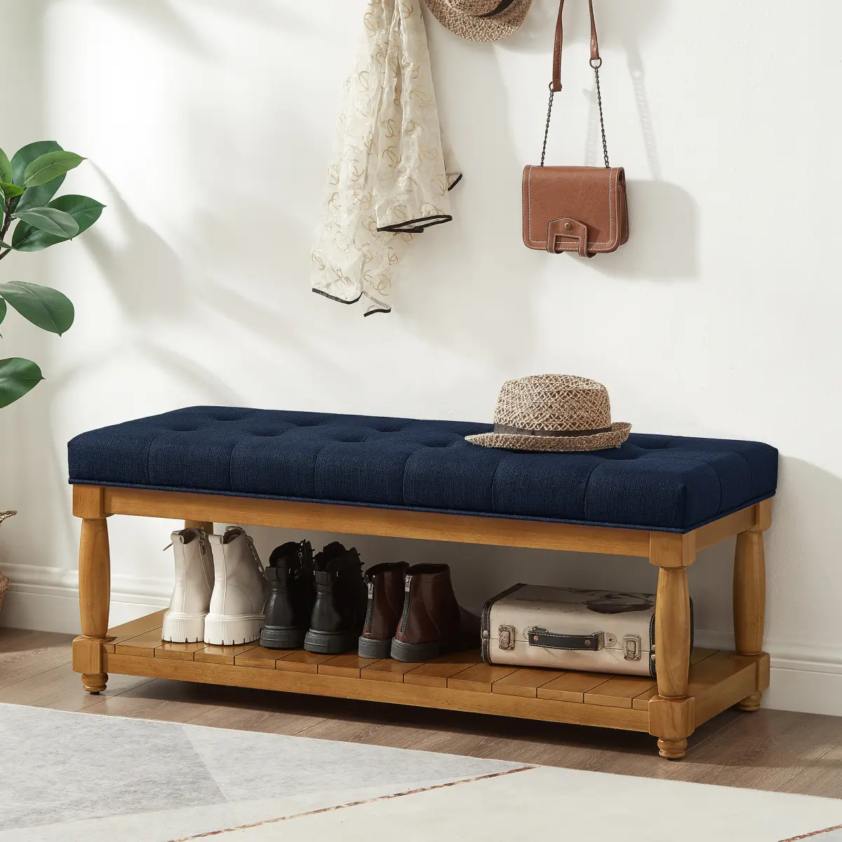 Bench with Storage Shelf - Upholstered Linen Tufted Ottoman Bench for Bedroom Entryway Living Room, Solid Wood Spindle Legs Accent Furniture,Navy Blue