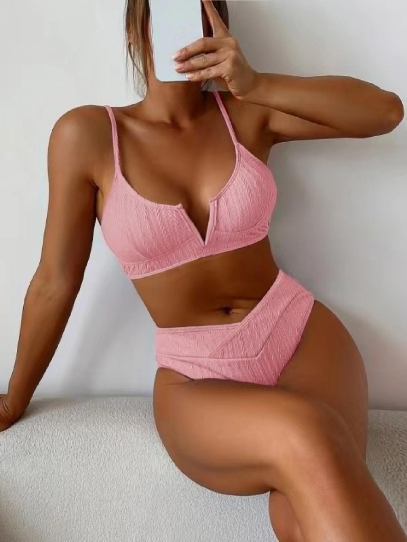 Women's Textured V-Wire Bikini Set 👙 Cross Overlap High Waist Tummy Control Bottoms | Padded Push Up Two Piece Bathing Suit | Trendy 2026 Summer Beachwear Vacation Essentials ✨Available in multiple colors