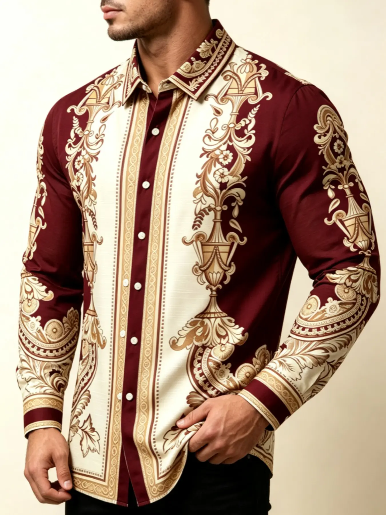 Vintage Floral Baroque Men's Long Sleeve Shirt, Retro Style Slim-Fitting Top, All Seasons Unlined Clothing, Full Placket Design