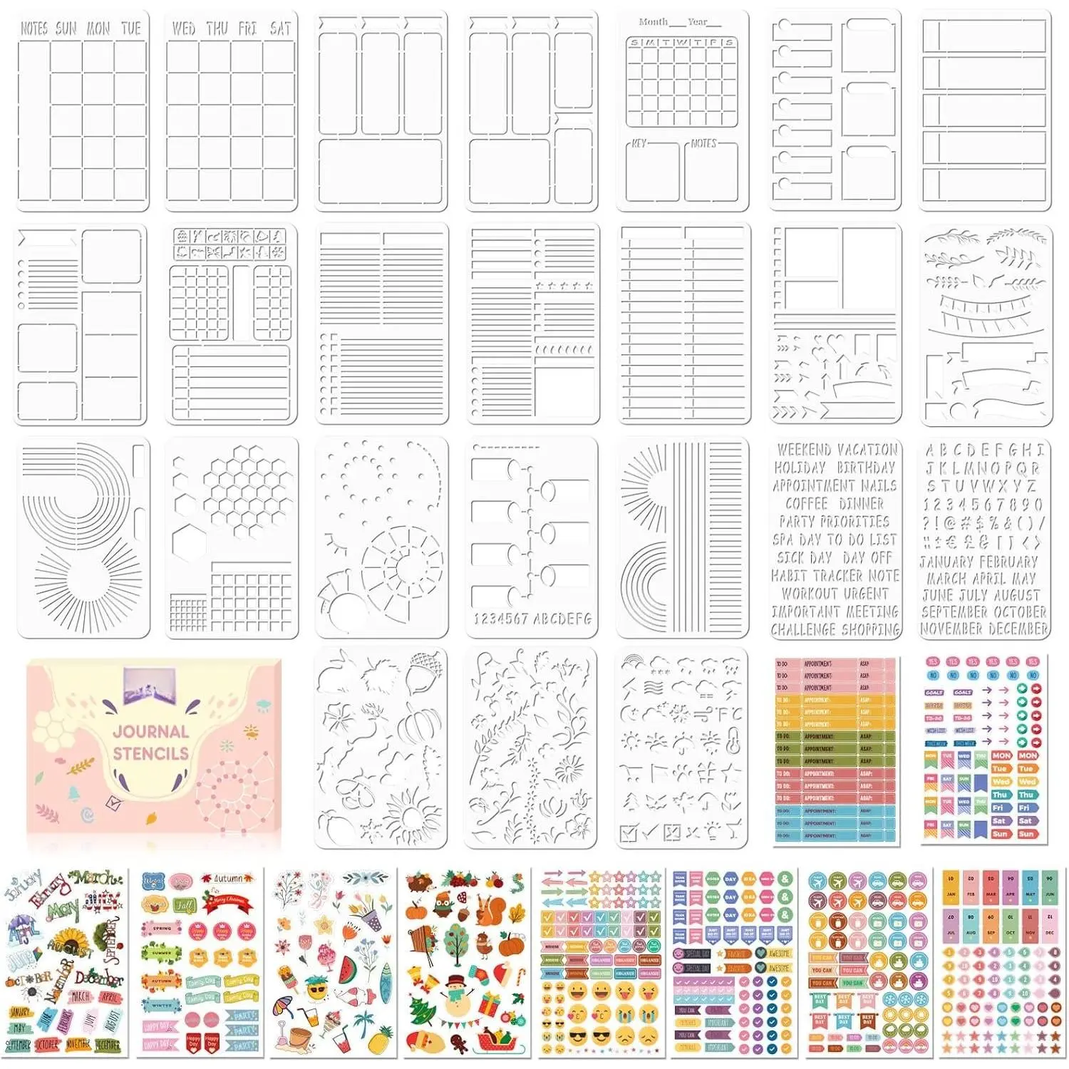 Journals Stencils Set - 24 count Dotted Planner Stencil & 10 count Journal Stickers,Journaling Supplies/Accessories Kit