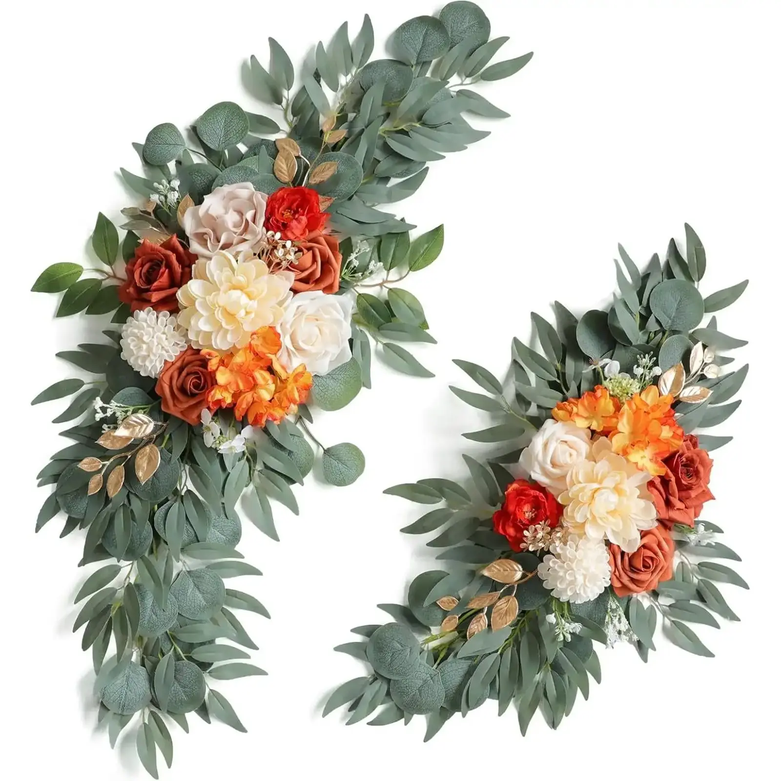2PCS elegant burnt orange artificial arched flowers, featuring burnt orange petals paired with white hydrangeas, surrounded by green leaves, are perfect for wedding welcome signs, flower receptions, and ceremony sign decorations