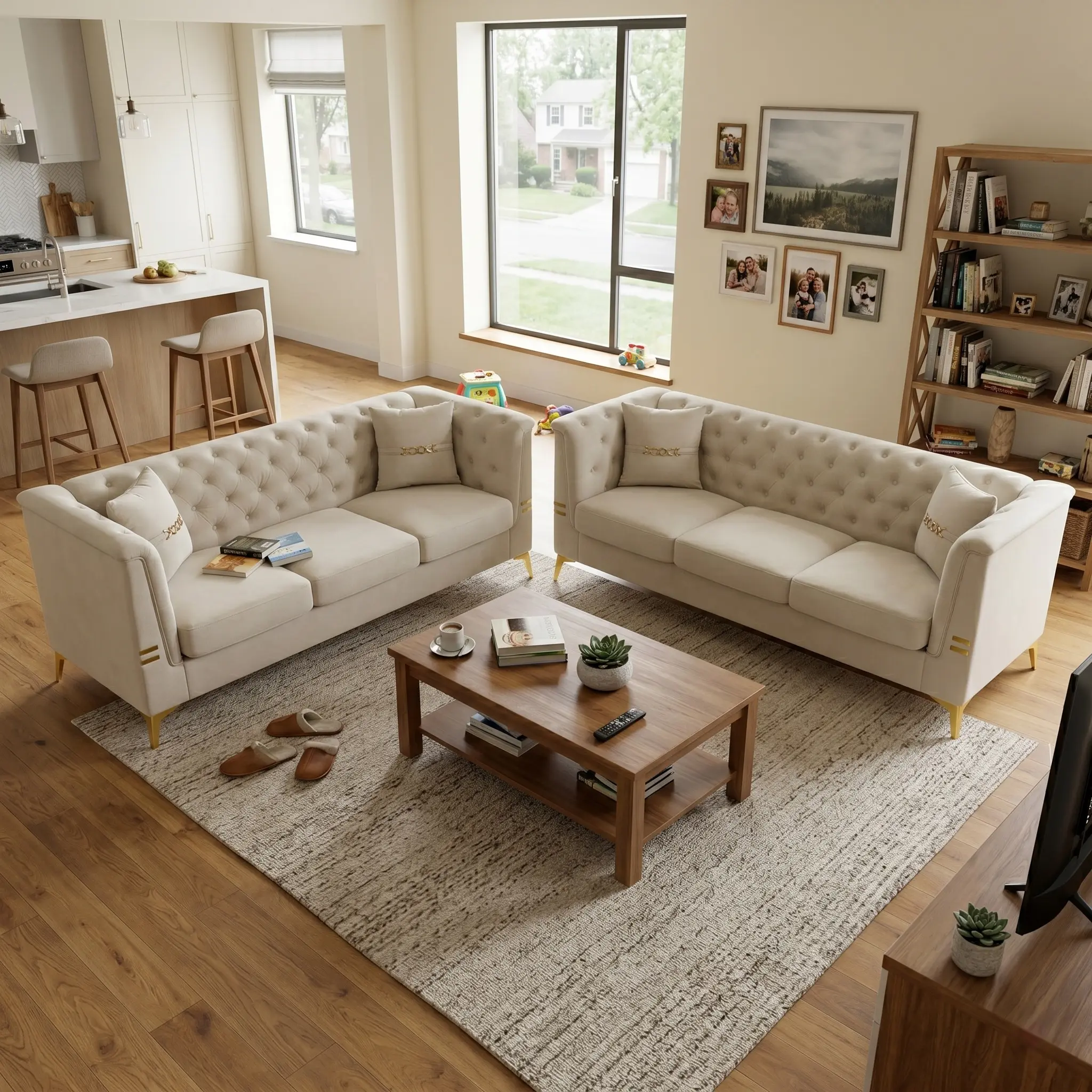 Nokaa Modern Velvet Upholstered Sofa Set of 2, Cream White 3-Seater Couches with Gold Metal Legs, Contemporary Living Room Furniture for Family Homes, Apartments, and Lounge Spaces