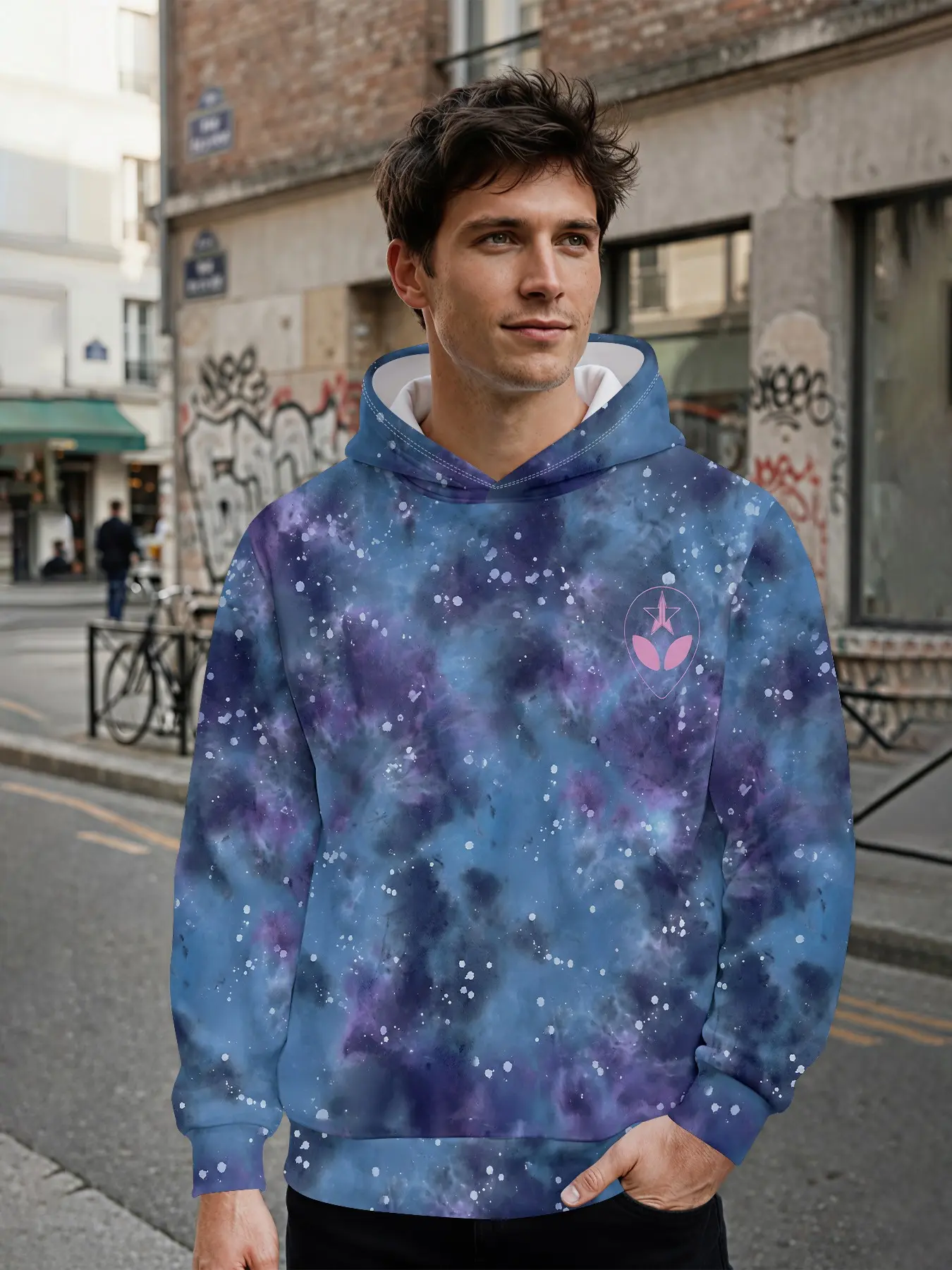 Men's hoodie with tie-dye starry sky alien pattern print, dreamy casual men's sweatshirt, long-sleeve fashionable hooded jacket for men with 3D digital printing. It stands out for daily street looks and music festival outfits, and makes a perfect holiday