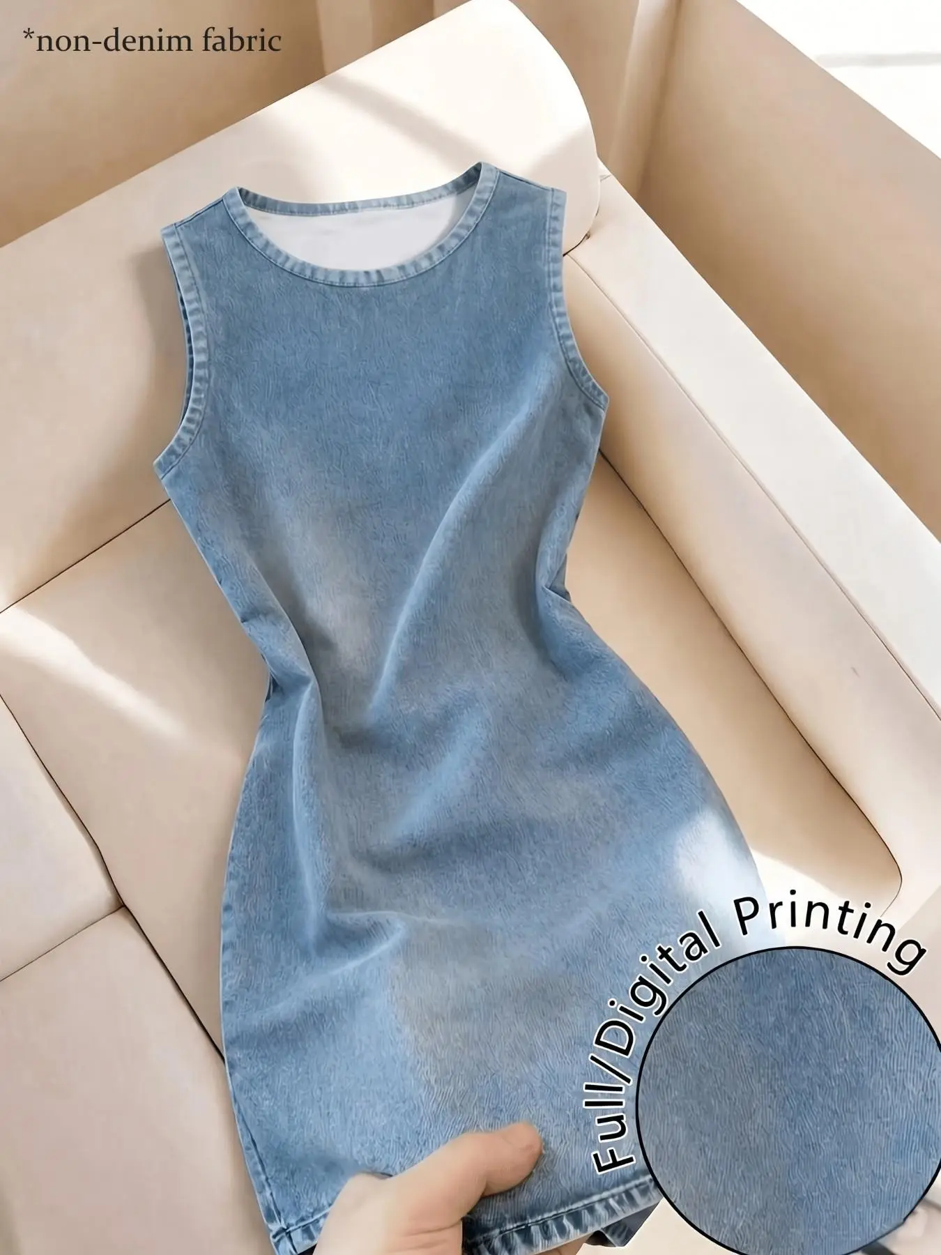 Women's Sleeveless Denim Tank Top Dress, Casual Slim Fit High Waist Short Skirt, Soft Stretch Breathable Denim Fabric, Round Neck Design