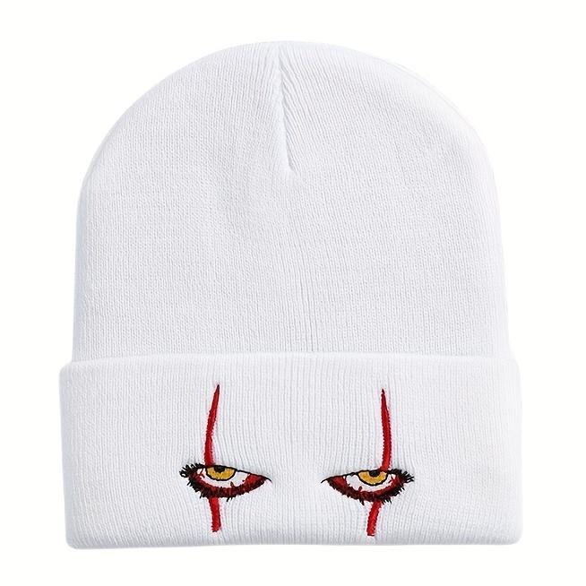 Unisex Horror Clown Eyes Knitted Beanie – Soft 100% Acrylic Winter Ski Hat, Red Accent Design, Warm Coldproof Headwear for Men & Women, Perfect for Halloween and Costume Parties