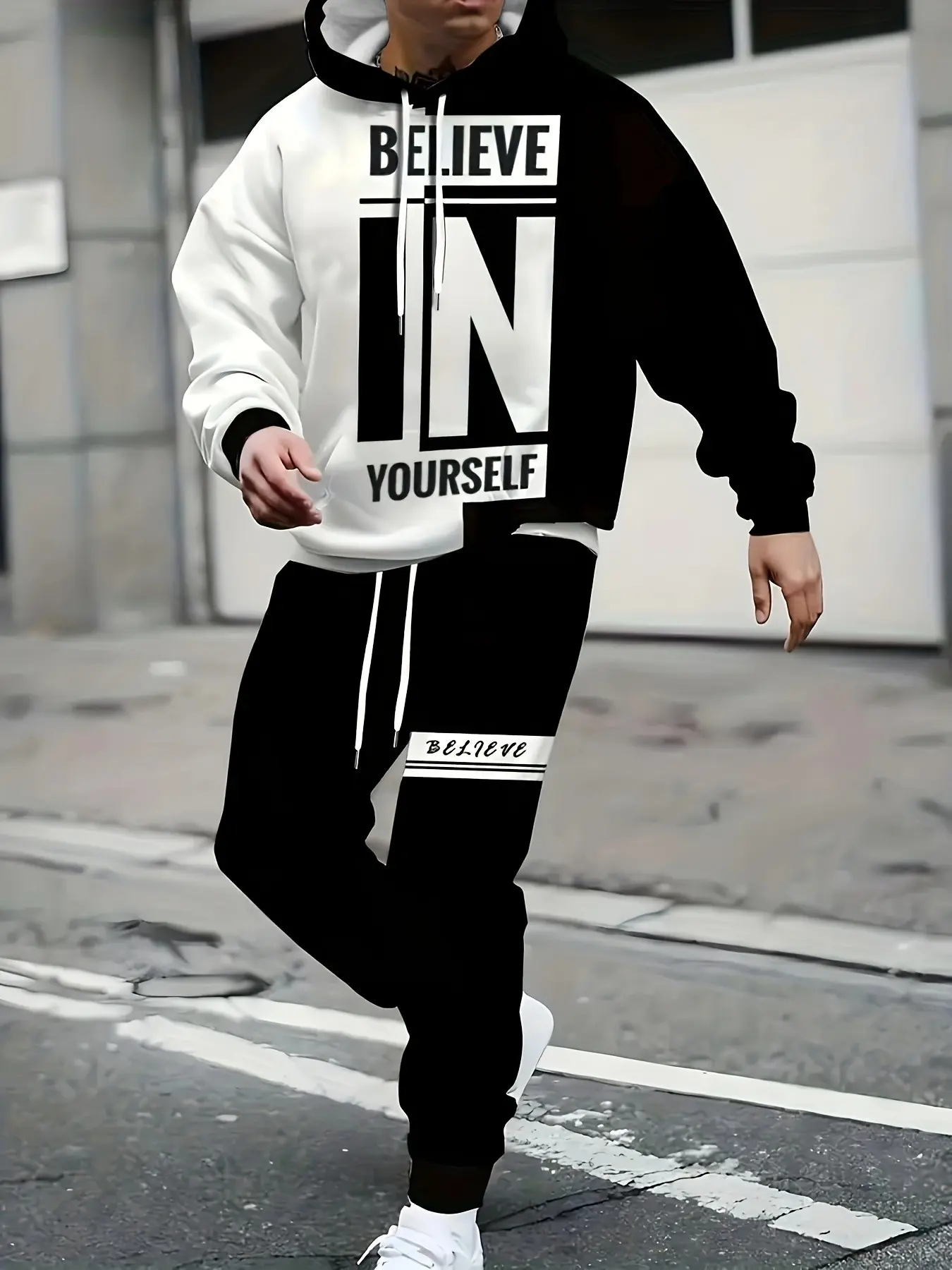 Men's Fashion Patchwork Hooded Sweatshirt, Fall Winter Letter Print Fleece Pullover, Trendy Sports Set Pants, Casual Loose Fit