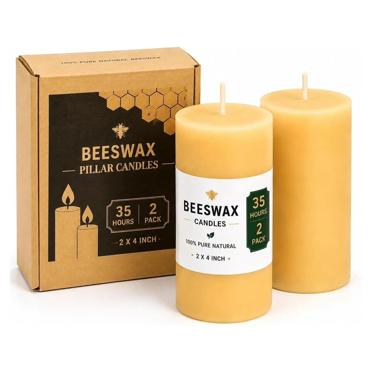2 Pack 100% Natural Beeswax Pillar Candles, 2x4 Inch, 35 Hour Long Lasting Burn, Non-Toxic, Unscented with Cotton Wicks - Yellow for Home Decor, Prayer, Weddings & EmergencyGift