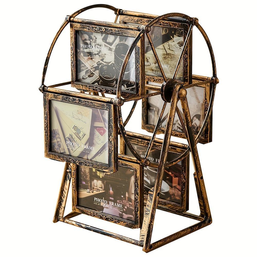 Vintage Rotating Wheel Picture Frame Set, 1/4 Counts Photo Display Frame, Photo Organizer for Home Office School Dormitory & Bedroom Decor, Classic Rectangular Frame, Home Decoration, Sturdy Frame, Vintage Picture Frames