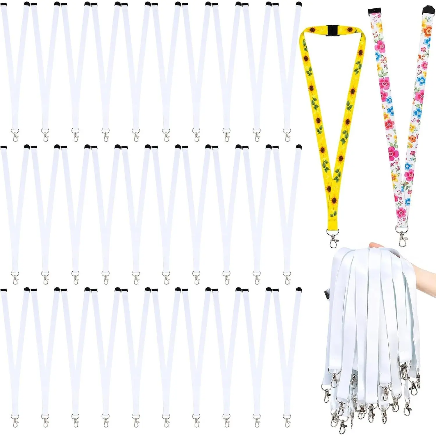 50 Pack Sublimation Blank Lanyards - White Heat Transfer Neck Lanyards with Detachable Buckles & Metal Hooks for ID Badge Holder, Keys, Custom DIY Design