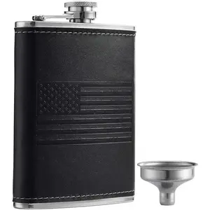 Stainless Steel American Flag Flask, Soft Touch Cover Liquor Flasks 8oz | Leak Proof Black PU Leather Heavy Duty Hip Set, Includes Funnel
