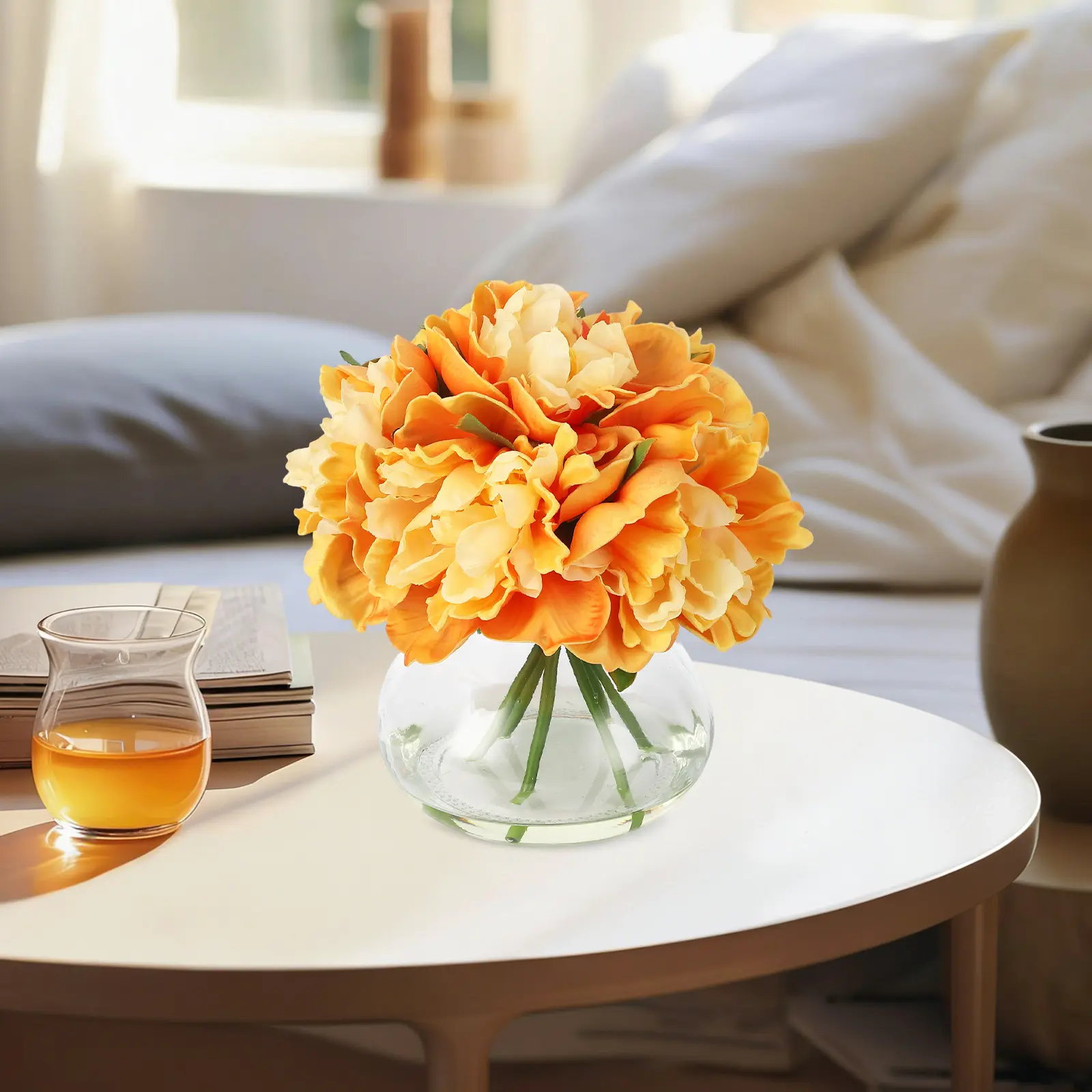 Decorative Round Casual Artificial Calla Lily Flowers Set - 6-Piece Silk Bouquet with Glass Vase, Faux Water, Plastic Accents, 2-Set Elegant Orange Home Table Centerpiece