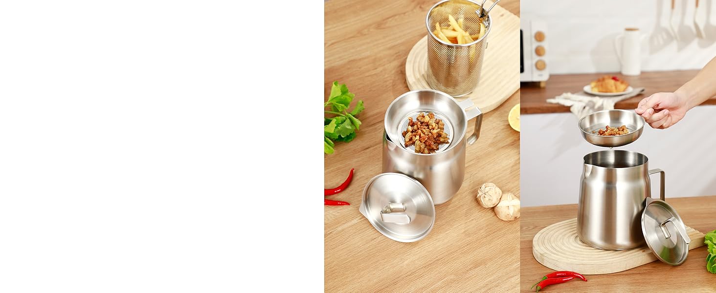 68oz Stainless Steel Oil Filter Pot with Deep Fryer Basket - Kitchen Large Capacity Versatile Oil Strainer Vessel and Bacon Grease Saver for Cooking Grease