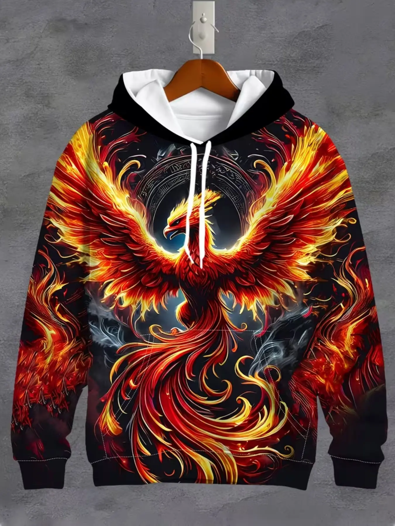 Flame Phoenix Pattern Hooded Sweatshirt, 3D Print Design, Fashion Men's Jacket, Trendy Casual Long Sleeve Pullover, Fall & Winter Wear