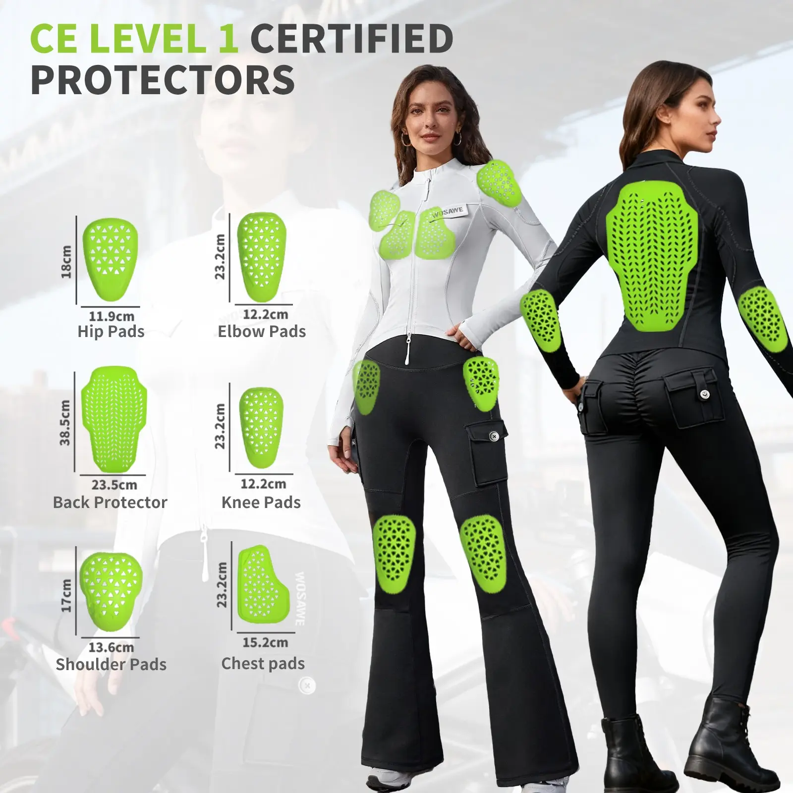 WOSAWE Motorcycle Soft Armor Set - CE Level 1 Certified PU Shock-Absorbing Body Armor with Shoulder, Back & Elbow Pads