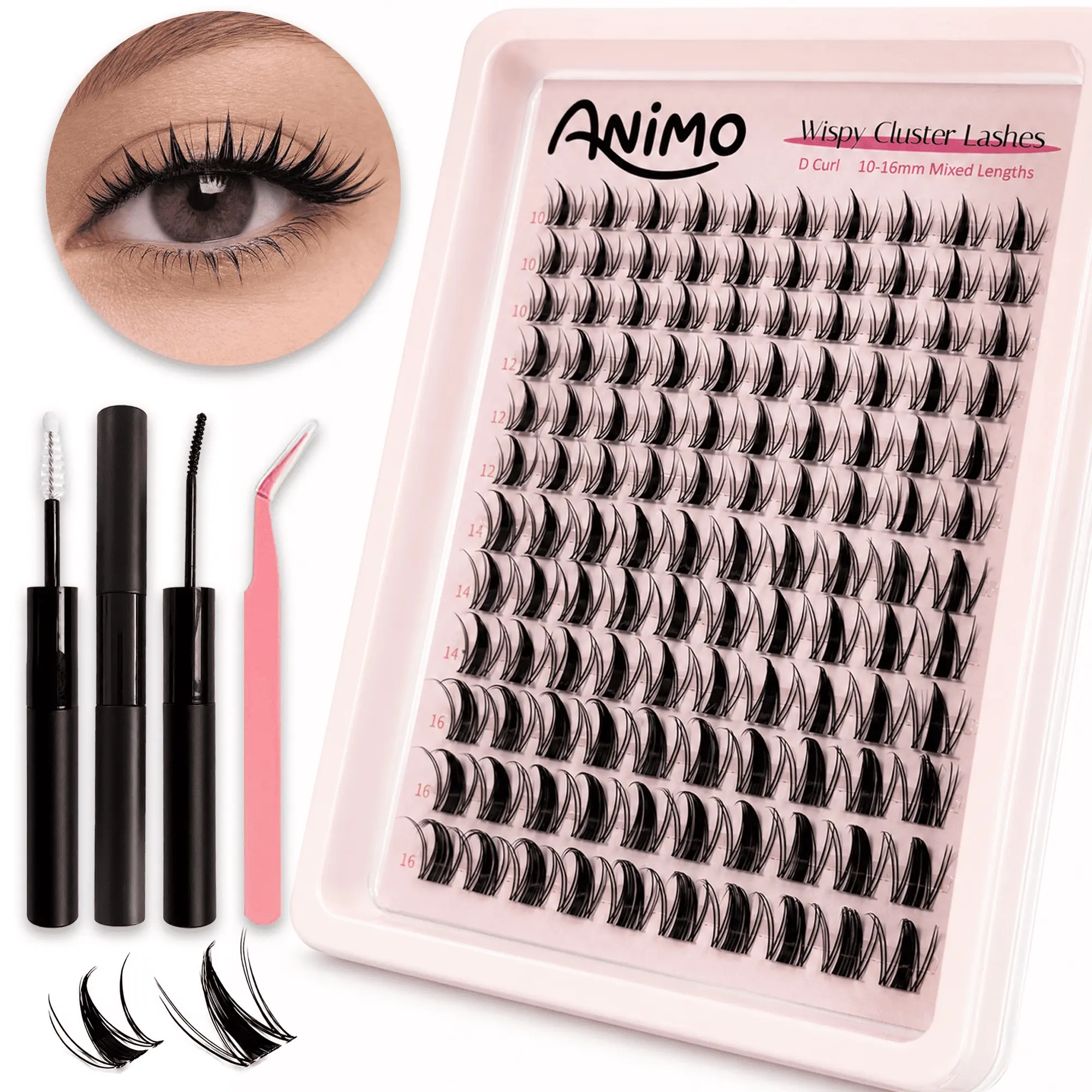 Animo Fairy Manga Cluster Lashes Set, Ultra Soft DIY False Eyelashes, Invisible Lash Band, Waterproof, Includes Glue & Remover & Applicator