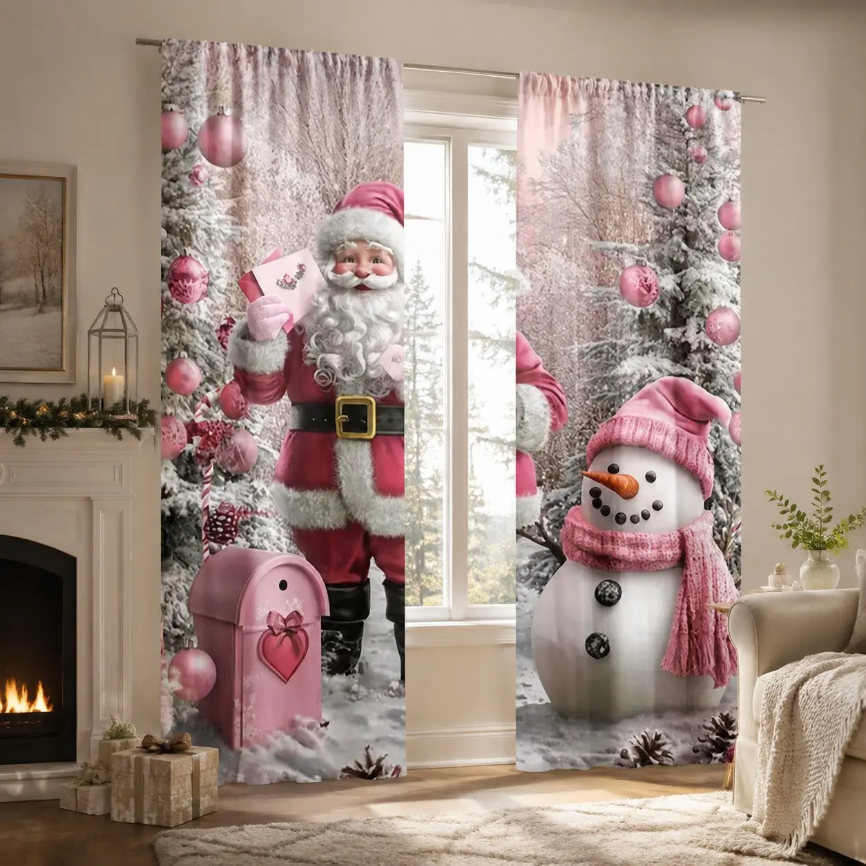 2-Pack Christmas Curtains, Santa Claus Snowman Print, Semi-Sheer, Forest Theme, Soft Fabric, Bedroom Living Room Decor