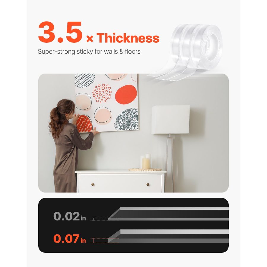 VEVOR Double Sided Tape Heavy Duty, 16 ft Long Nano Mounting Tape, Strong Adhesive Reusable, Clear Two Sided Wall Tape, Removable Poster Picture Hanging Strips for Home, Office, Car, Outdoor Use