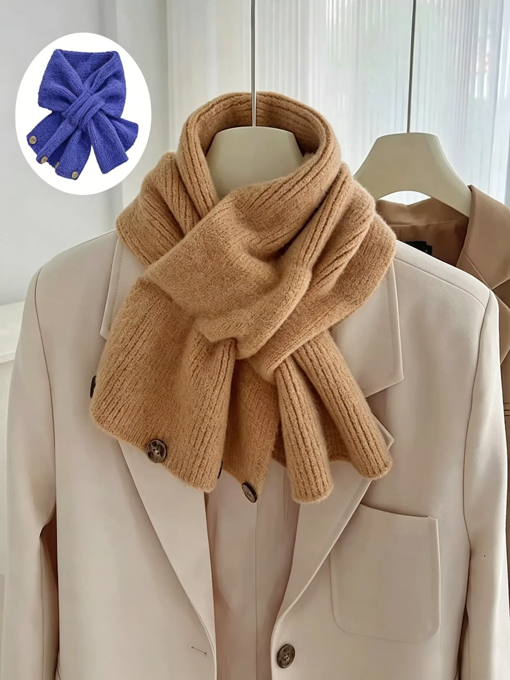 Women Short Cross Button Knitted Neck Warmer, Thick Thermal Windproof Neck Gaiter, Versatile Warm Collar Scarf for Autumn Winter Daily Commute Street Travel Casual Outfit