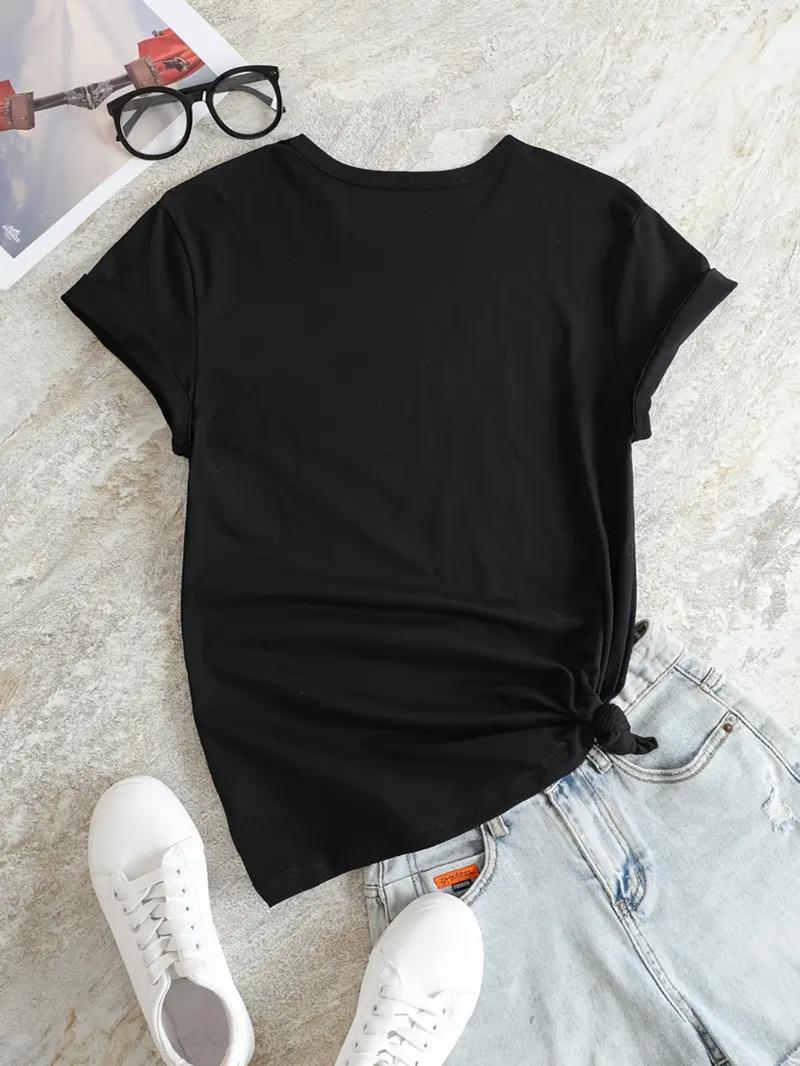Women's Letter Print Round Neck Tee, Summer Clothes Women, Casual Short Sleeve Crew Neck T-Shirt for Summer, Fashion Women's Top for Daily Wear