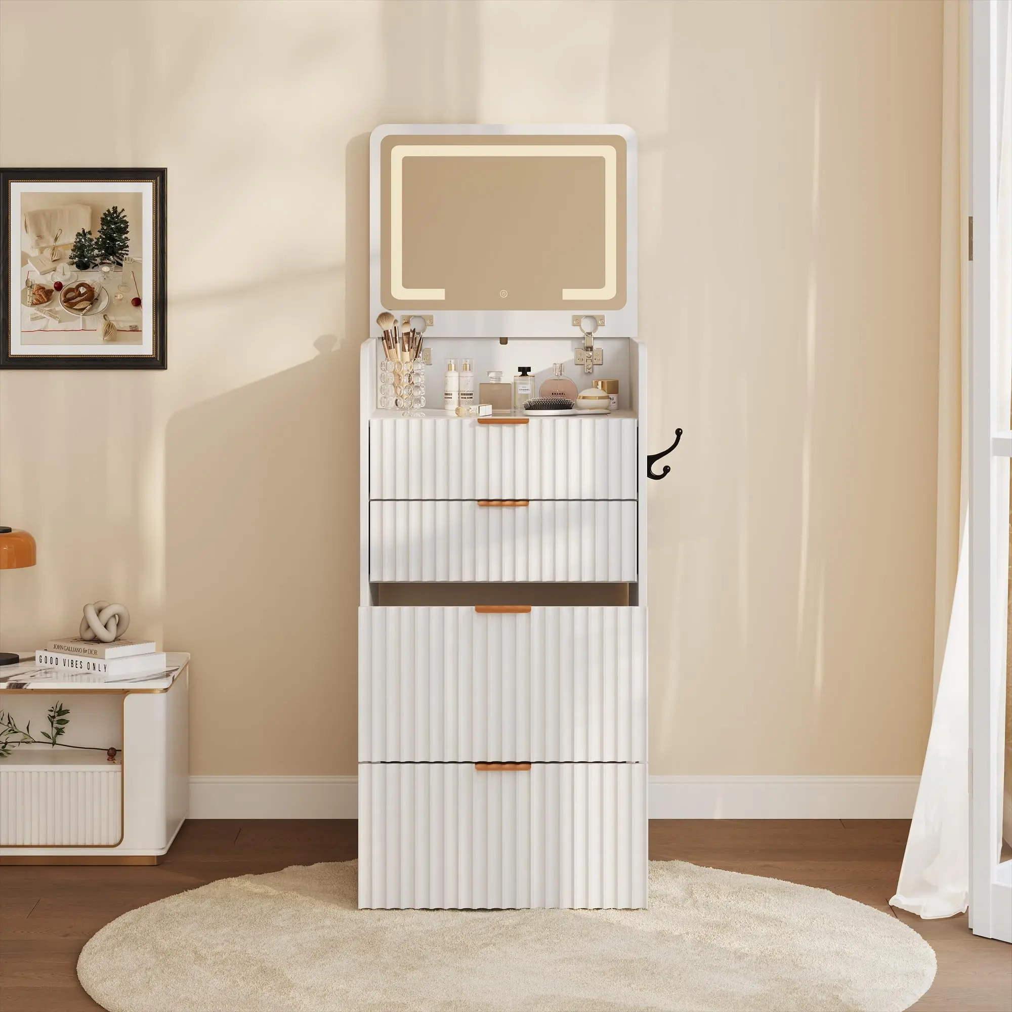 Garvee 3-in-1 Small Desk Makeup Vanity with Flip-Up LED Mirror, 3 Drawers - Compact Glass Top Dressing Table with Rolling Stool for Bedroom, Small Spaces, Small Desk Makeup Vanities