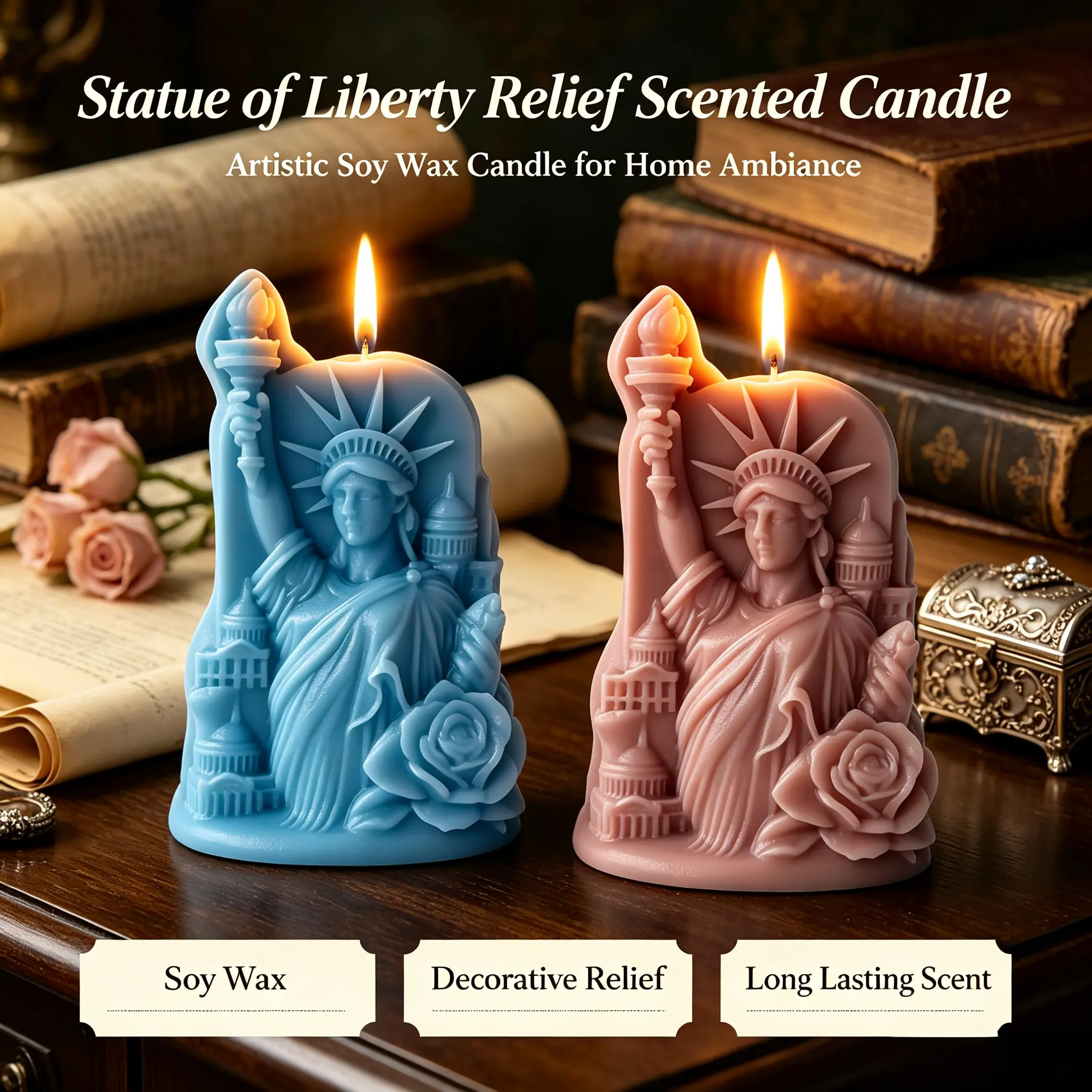 Retro Statue of Liberty Relief Soy Wax Scented Candle with Wick, Fragrance Aroma Candle, Flower-Design Home Decor Ornament, Ideal Gift for Home Supplies