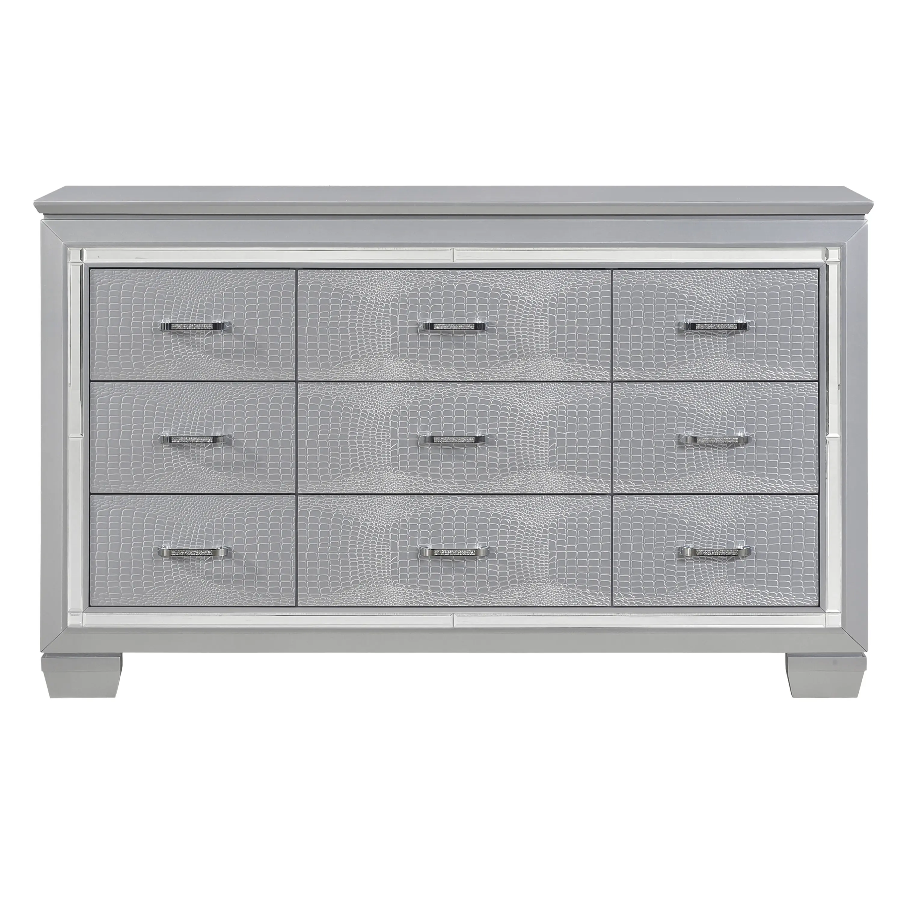 Nokaa Modern Glam 9-Drawer Dresser Chest, Silver Finish Wood Dresser with Faux Alligator Embossed Textured Drawer Fronts, Beveled Mirror Trim, Polished Chrome Bar Pulls with Faux Crystals, No Assembly Required