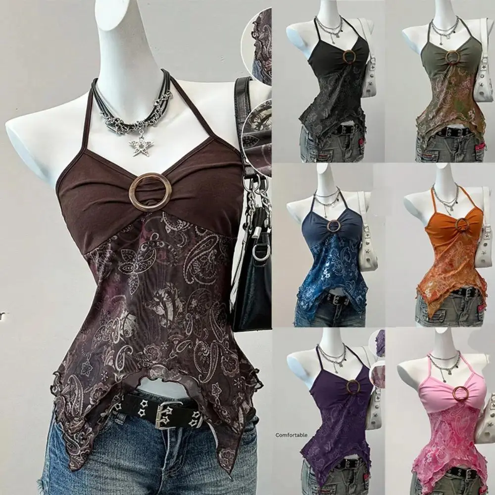 Women’s Printed Halter Crop Top, Slim Fit Sleeveless Tank Top with Mesh Back Design, Y2K Sexy Summer Top for Workout, Outdoor Sports & Casual Outfits