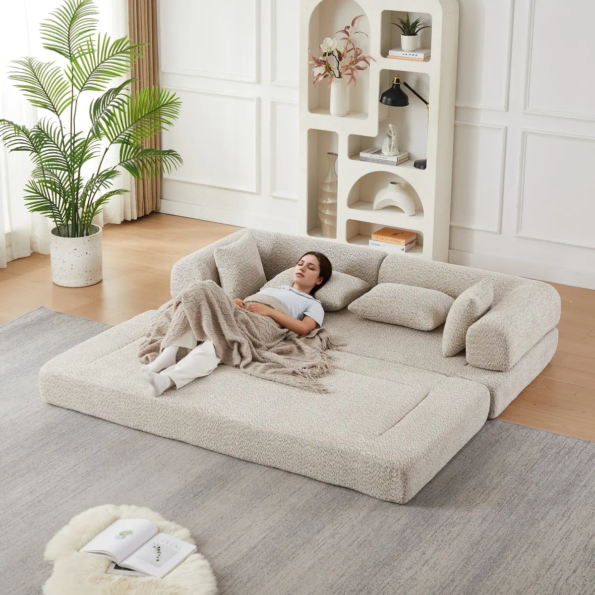 [Bellemave] 78.9-Inch Convertible Chenille Sleeper Sofa with Folding Mattress, 2 Back Cushions, 2 Throw Pillows & Removable Armrests, Ideal for Floor-Standing Lounge Use