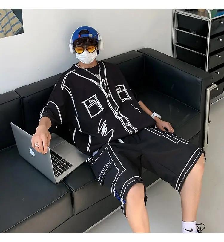 Summer Elegant Fashion Harajuku Slim Fit Ropa Hombre Loose Casual All Match Sports Suit Ice Shreds Short Sleeve Two Piece Set