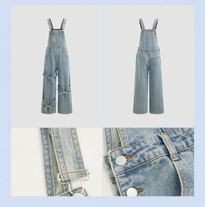 Cider [2 colors, size 0-24] Denim Bowknot Buckle Up Pocket Wide Leg Jumpsuit