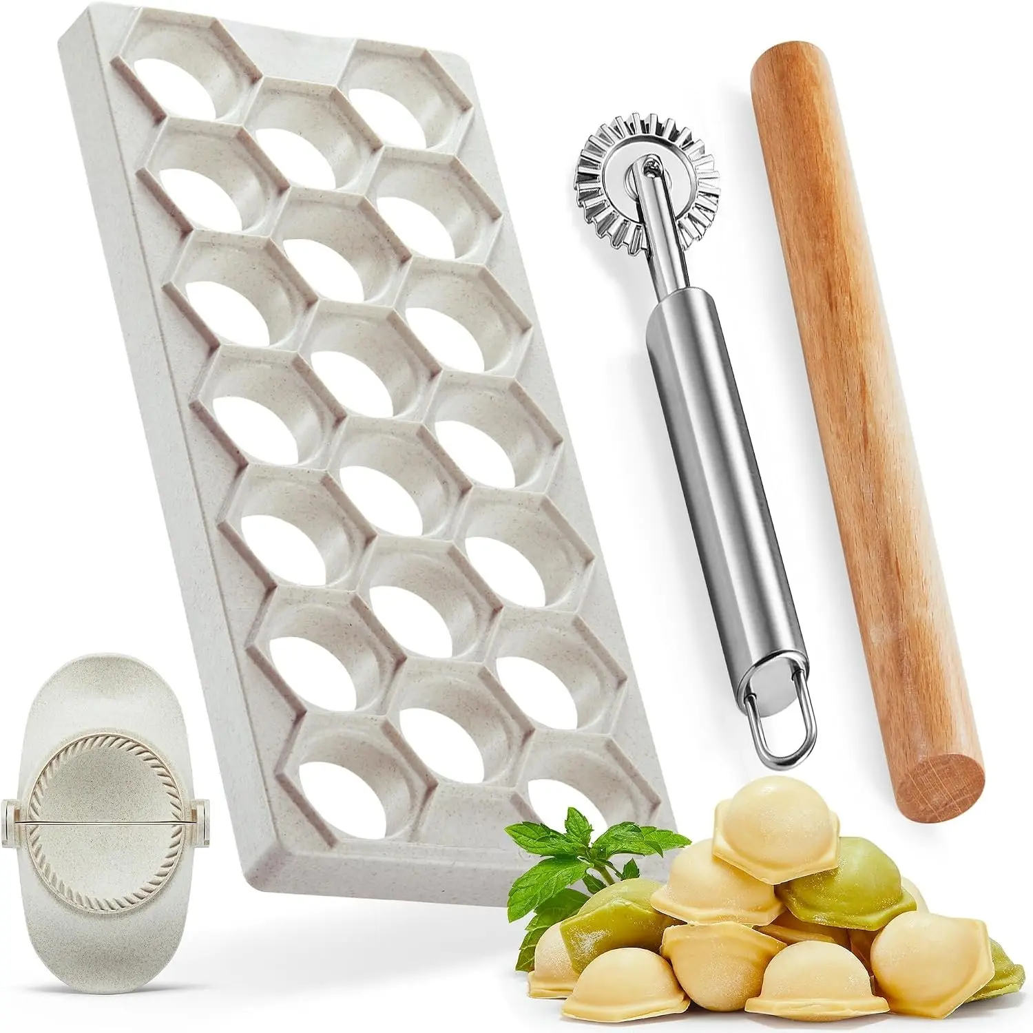 Russian Ravioli Maker Dumplings Mold, Pelmeni Mold Dumpling Maker Machine | 20-Hole Plastic Pelmeni Set with 2.6" Empanada Press,  Rolling Pin and Wheel , Manual Dough Tool Kit