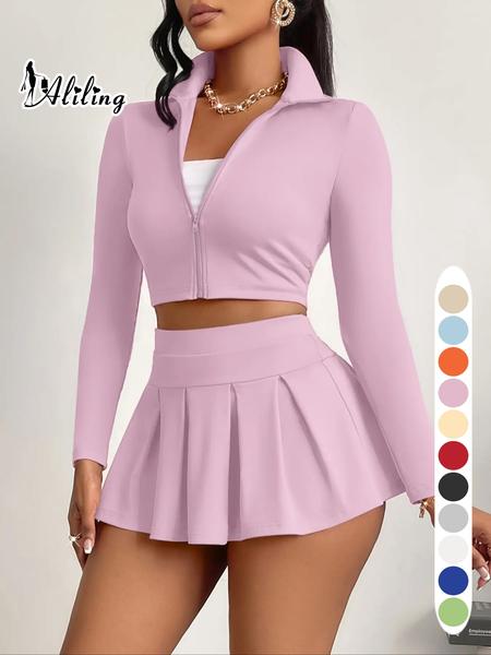 Aliling Casual Women's Two-Piece Set, Spring & Fall Long Sleeve Zipper Crop Top, High Waist Short Pleated Skirt, Slim-Fitting Crop Top and Skirt