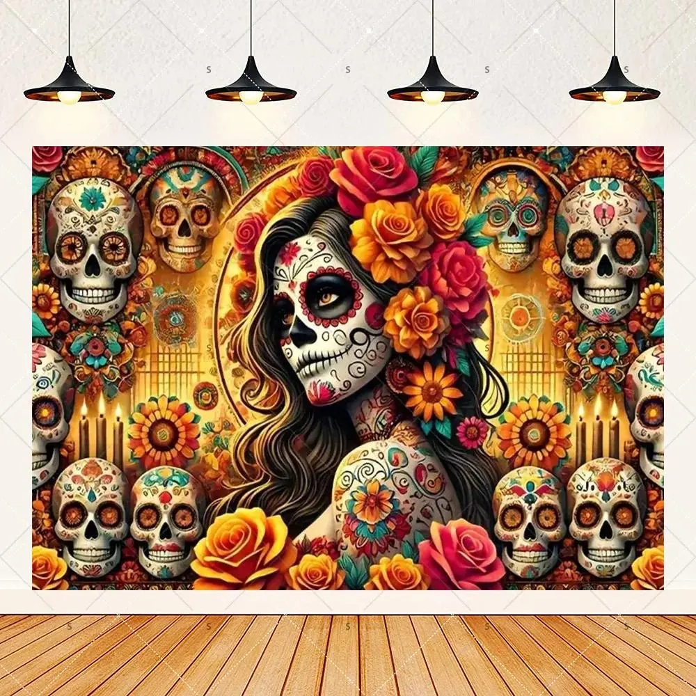 Mexican Day of The Dead Sugar Skull Backdrop Party Background Cloth, Marigold Altar Tapestry Wall Hanging Photography Background Premium Polyester Fabric, Festival Decor, Party Celebration Setup, Photo Studio Prop, Cultural Event Background