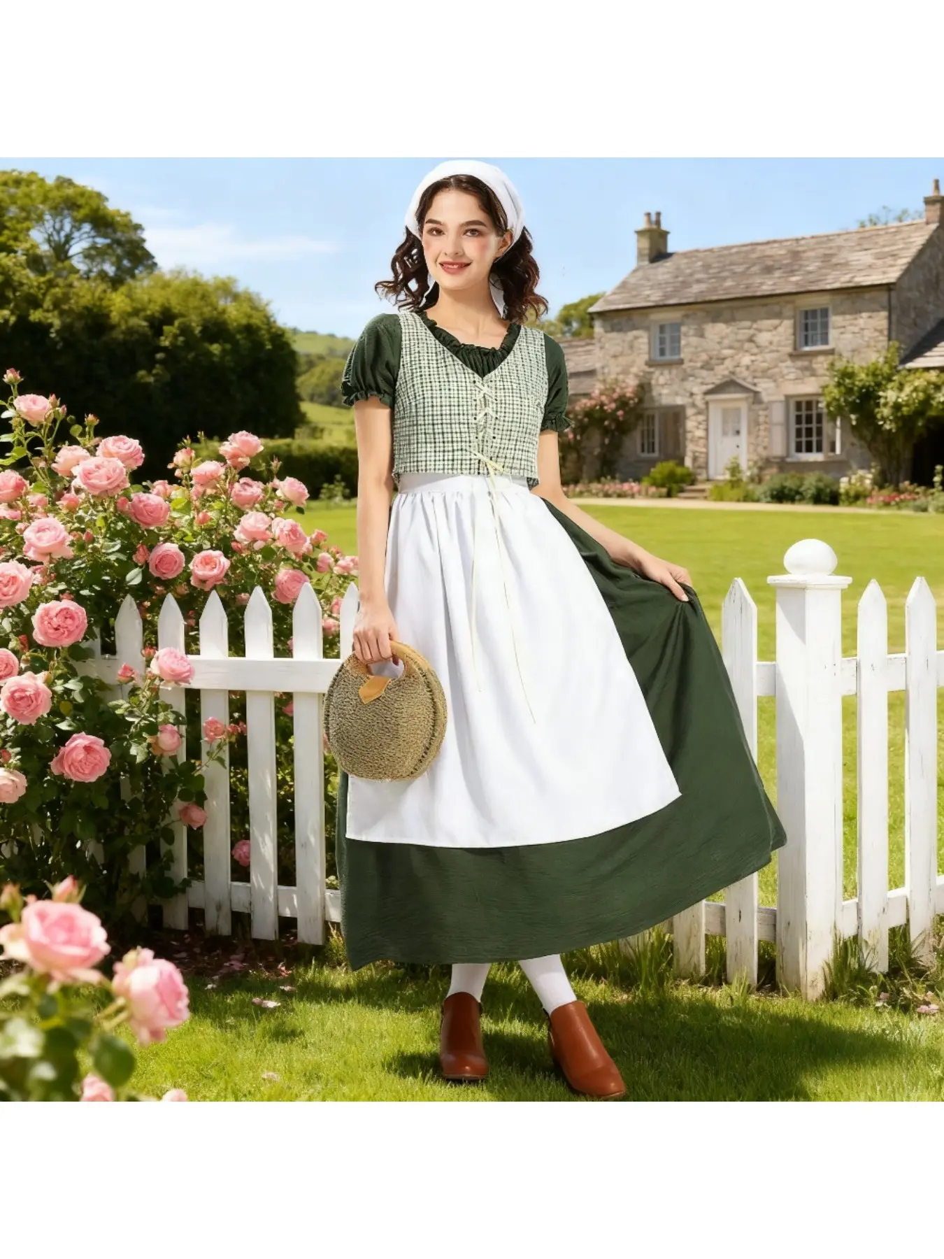 Women Lady Pioneer Cosplay Outfit Little House on The Prairie Vintage Style Halloween Maid Fancy Party Dress With Decorative Accessories Set