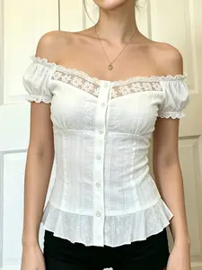 French Elegance Feminine Women Lace Square Neck Ruffled Bubble Sleeve Shirt, Slim-Fitting Ruffle Hem Short Sleeve Top, Casual Everyday Plaid Blouse Womenswear
