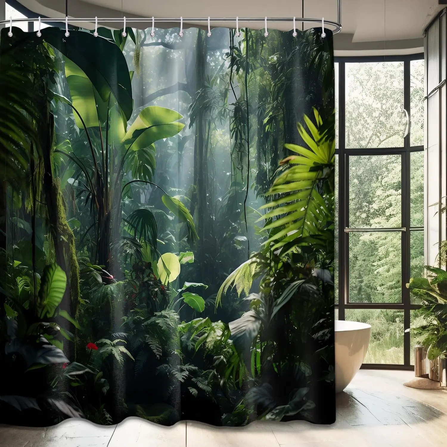 Green Jungle Shower Curtain, Forest Rainforest Theme 70x72 Inch, Forest Rainforest Design, Waterproof Fabric, Includes Hooks, Bathroom Decor