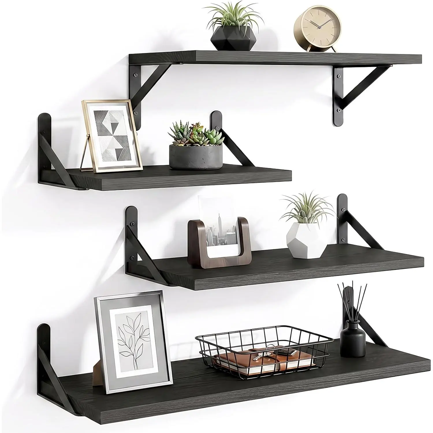 Wall Shelves, Black Floating Shelves Different Sizes for Living Room, Bathroom, Bedroom, Kitchen, Home Decor (Set of 4)