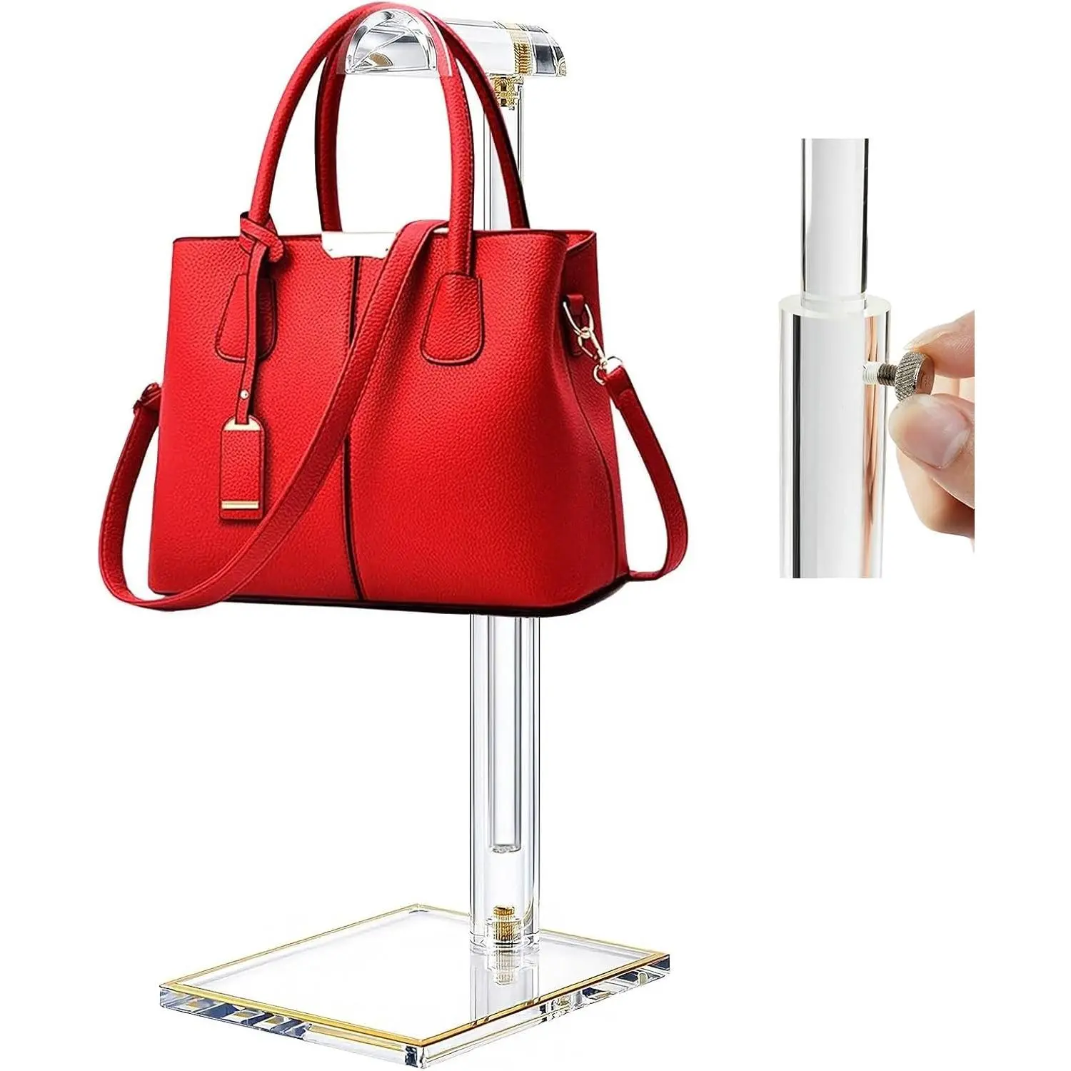 Clear Acrylic Purse Display Stand, 14"-24" Adjustable Height Handbag Holder with Gold Trim, Durable Hanging Organizer Rack for Bags Wallets Jewelry Necklaces, Suitable for Closet & Retail (Patent Pending)